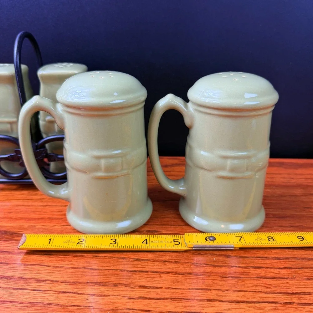 Longaberger Salt Pepper Shakers 2 Sets Sage Green Woven Ceramic Iron Caddy